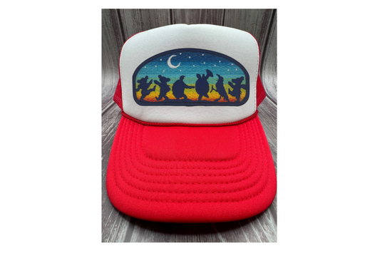 Red and white trucker hat with an embroidered Grateful Dead patch.