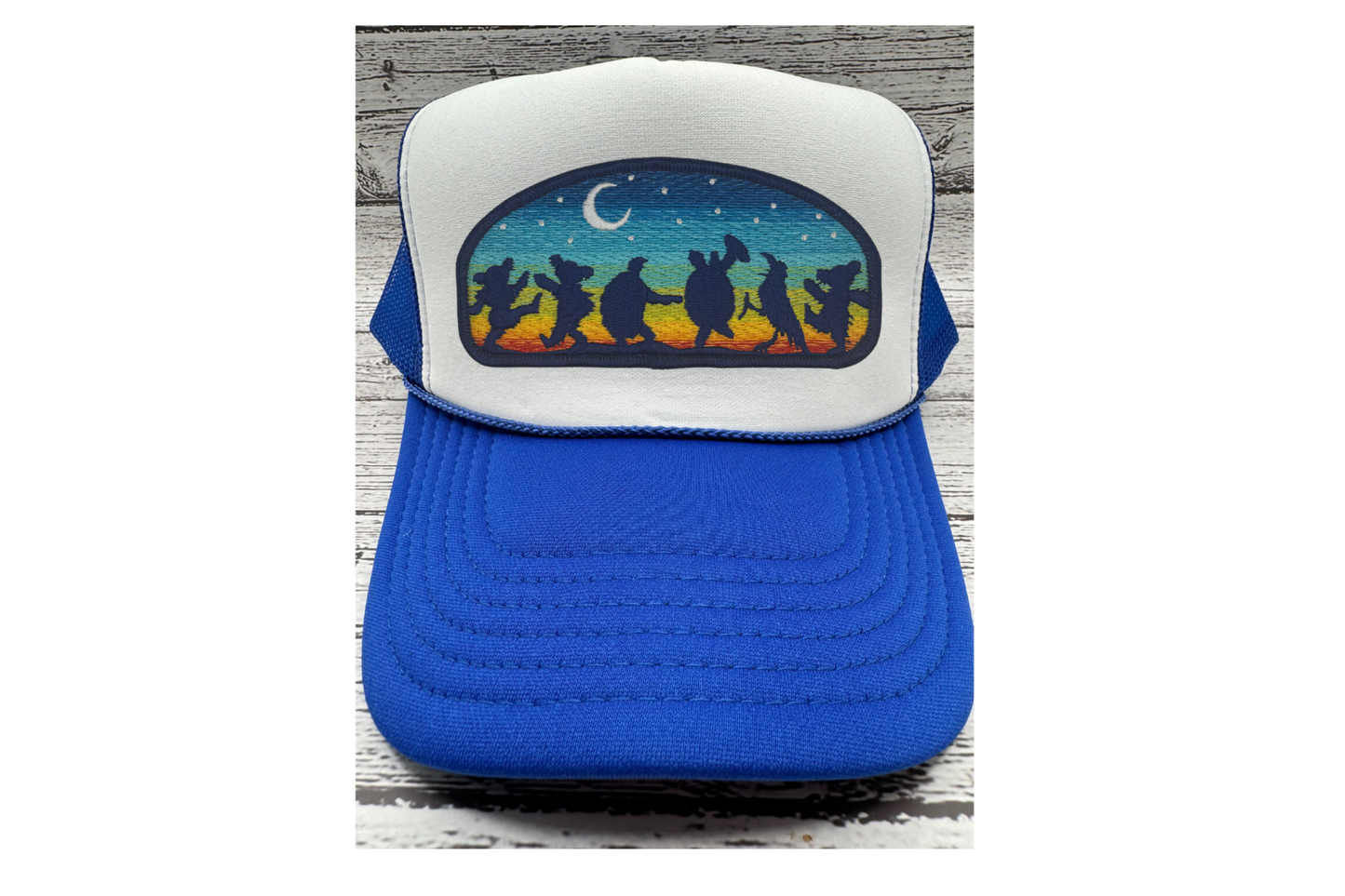 Blue and white trucker hat with embroidered Grateful Dead Terrapin patch.