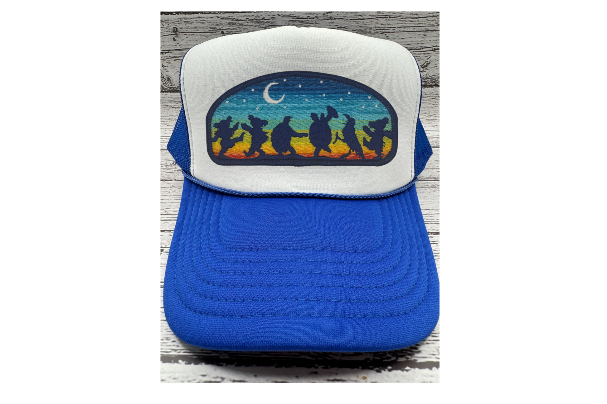 Blue and white trucker hat with embroidered Grateful Dead Terrapin patch.